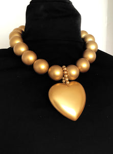 Chunky Gold Bead and Heart Statement Necklace