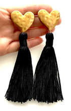 Load image into Gallery viewer, Black and Gold Heart Tassel Earrings
