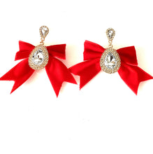 Load image into Gallery viewer, Red Velvet Crystal Bow Earrings
