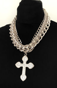 Chunky Silver Crystal Cross Chain Necklace