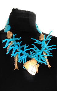 Turquoise Coral and Gold Fish Style Statement Necklace