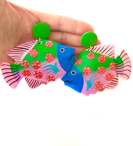 Multi Coloured Wooden Tropical Fish Earrings
