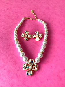 White Flower and Pearl Necklace and Clip On Earrings Set