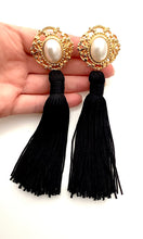 Load image into Gallery viewer, Clip On Pearl and Black Tassel Earrings
