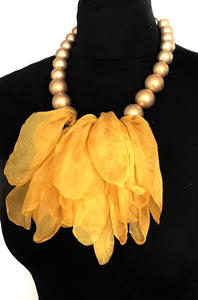 Yellow Chiffon and Gold Bead Necklace