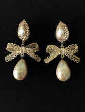 Load image into Gallery viewer, Gold Pearl Bow Earrings
