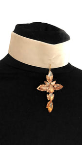 Gold Jewelled Cross Cream Velvet Choker Necklace