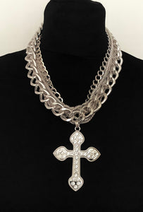 Chunky Silver Crystal Cross Chain Necklace