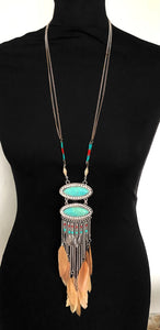 Turquoise and Feather Boho Pendant Necklace