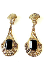 Load image into Gallery viewer, Clip On Vintage Black and Gold Drop Earrings
