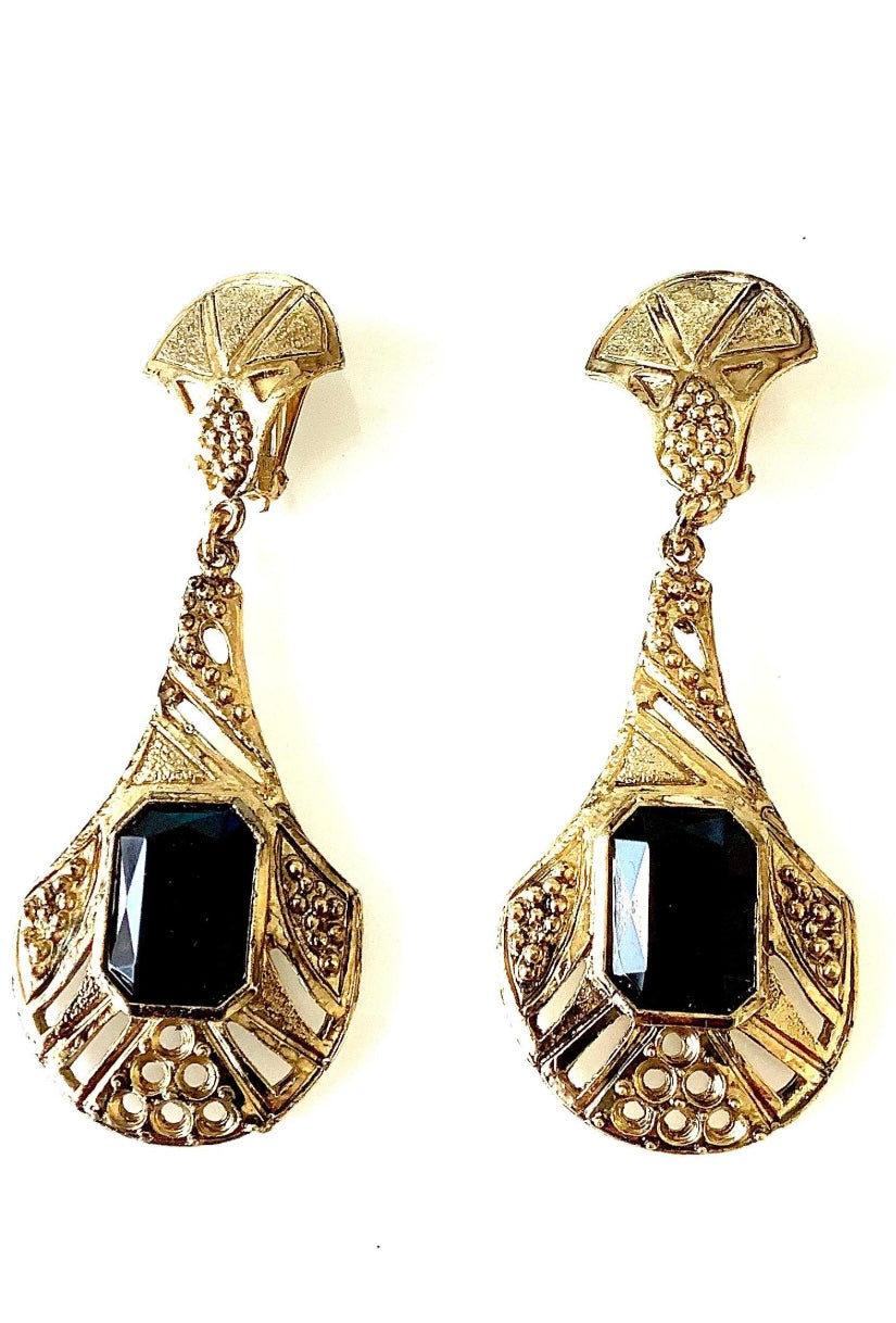 Clip On Vintage Black and Gold Drop Earrings