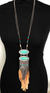 Turquoise and Feather Boho Pendant Necklace