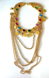Long Gold Chain Multi Jewel Statement Necklace