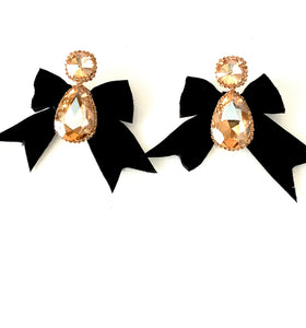 Gold Glass Velvet Bow Earrings