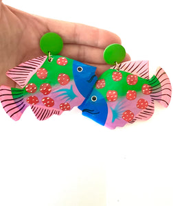 Multi Coloured Wooden Tropical Fish Earrings
