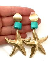 Load image into Gallery viewer, Gold and Turquoise Starfish Earrings
