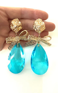 Turquoise Glass Teardrop Bow Earrings