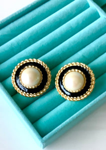 Clip On Vintage Pearl and Black Earrings