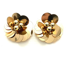 Load image into Gallery viewer, Clip On Gold Sequin Flower Vintage Earrings
