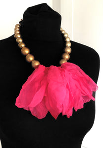 Pink Chiffon and Gold Bead Necklace