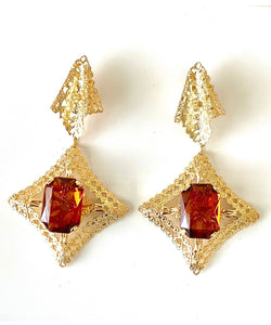 Clip On Vintage Gold and Amber Jewel Earrings