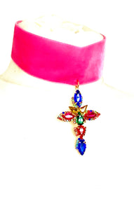 Rainbow Jewelled Cross Pink Velvet Choker Necklace