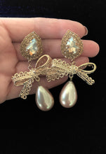 Load image into Gallery viewer, Gold Pearl Bow Earrings
