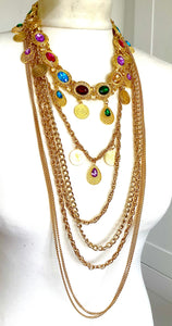 Long Gold Chain Multi Jewel Statement Necklace