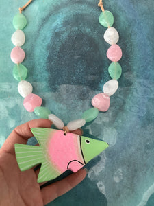 Pink and Green Wooden Fish Necklace