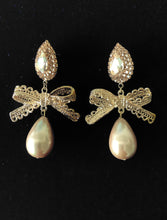 Load image into Gallery viewer, Gold Pearl Bow Earrings
