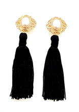 Load image into Gallery viewer, Clip On Pearl and Black Tassel Earrings
