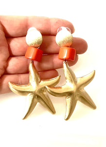 Gold and Orange Starfish Earrings