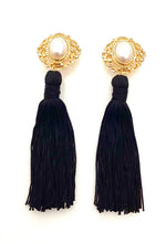 Load image into Gallery viewer, Clip On Pearl and Black Tassel Earrings
