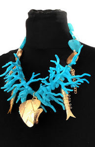 Turquoise Coral and Gold Fish Style Statement Necklace