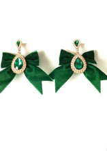 Load image into Gallery viewer, Green Velvet Party Bow Teardrop Earrings
