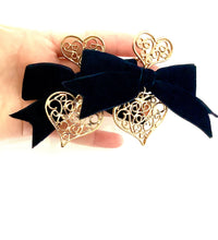 Load image into Gallery viewer, Clip On Gold Heart and Black Bow Earrings
