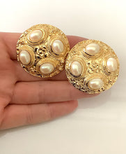 Load image into Gallery viewer, Clip On Faux Pearl and Gold Vintage Earrings
