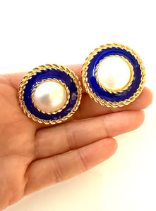 Clip On Vintage Blue and Pearl Earrings