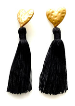 Load image into Gallery viewer, Black and Gold Heart Tassel Earrings
