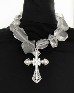 Clear Chunky Bead and Cross Necklace