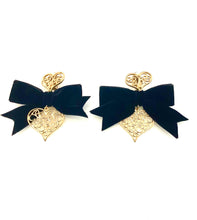 Load image into Gallery viewer, Clip On Gold Heart and Black Bow Earrings
