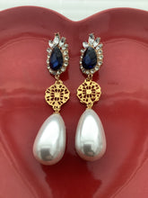 Load image into Gallery viewer, Pearl and Navy Blue Crystal Statement Earrings
