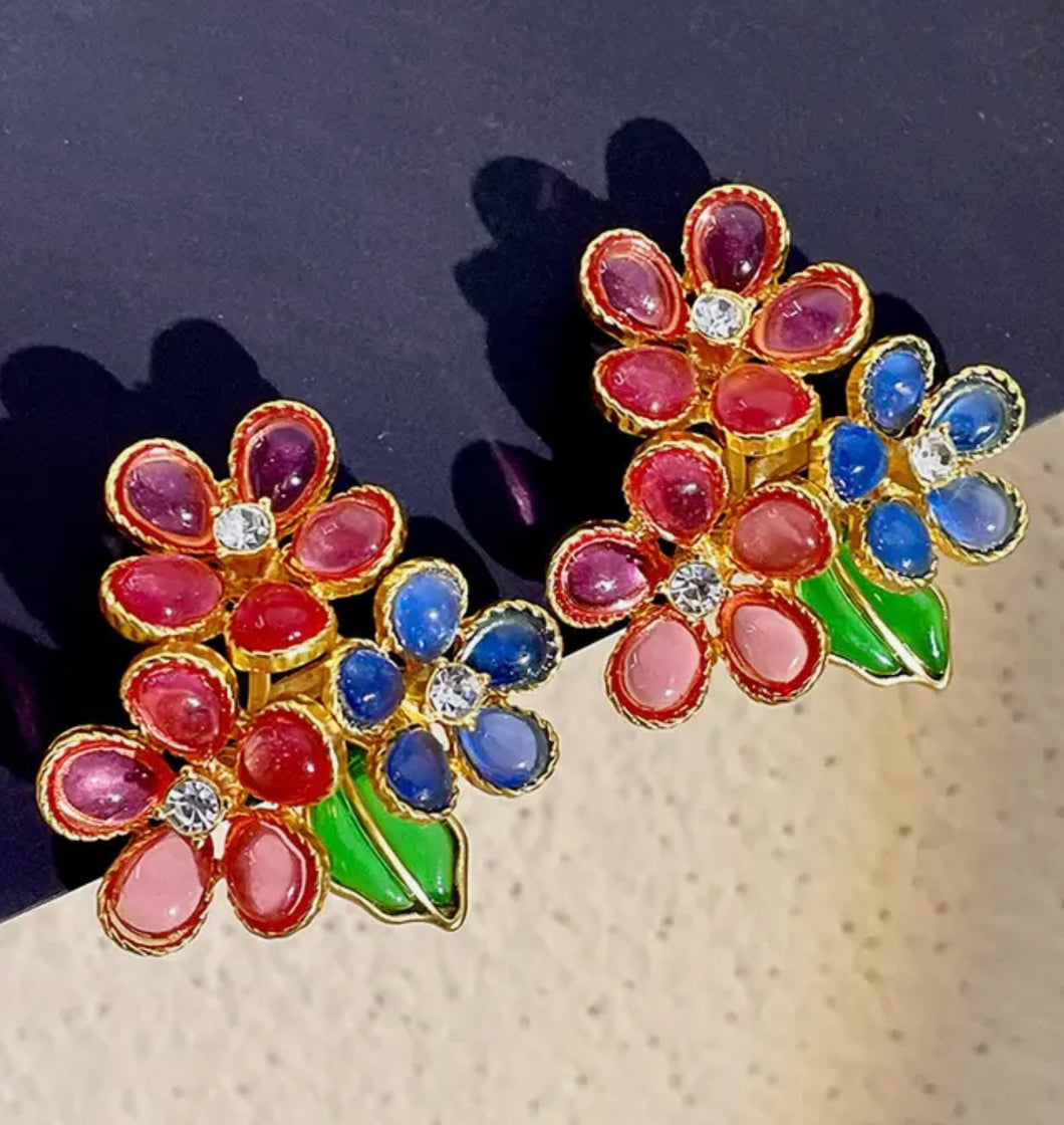 Clip On Floral Jewel Earrings
