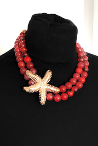 Rust Bead and Gold Starfish Necklace