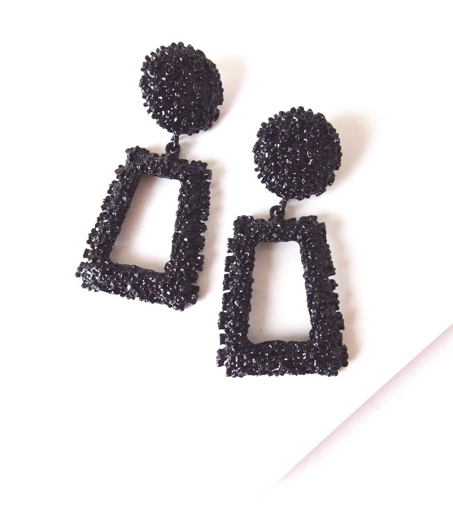 Black Textured Geometric  Statement Earrings