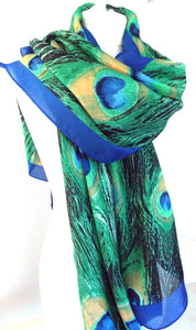 Green and Blue Peacock Print Scarf
