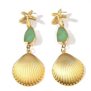Green and Gold Shell Drop Earrings