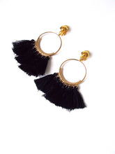 Load image into Gallery viewer, Clip On Black Tassel Boho Hoop Earrings
