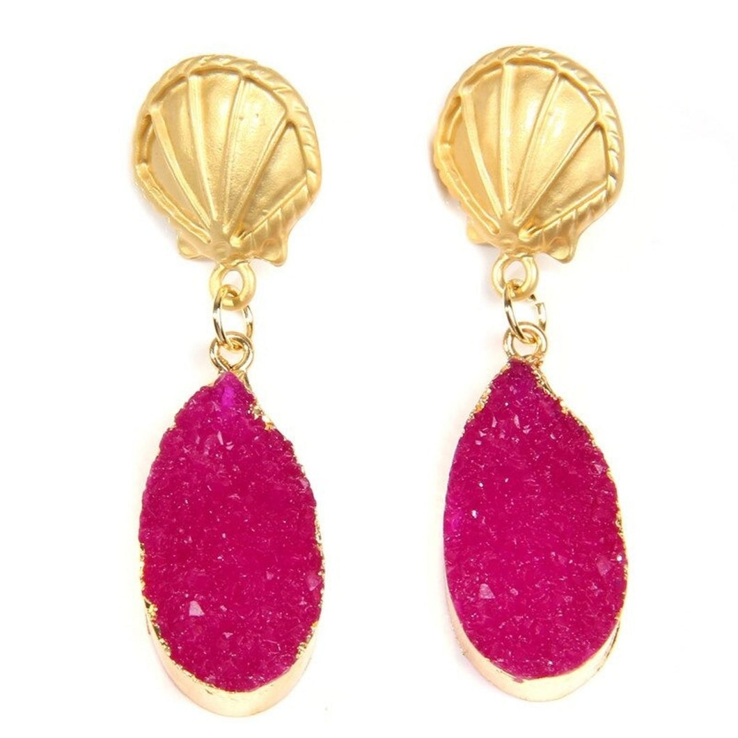 Fuchsia Pink Druzy Shell Earrings