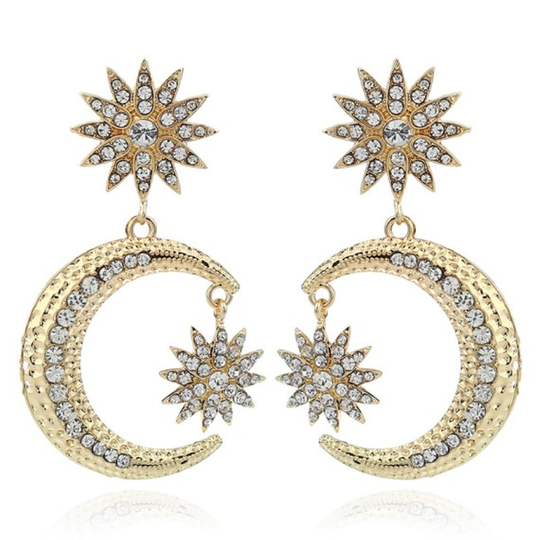 Gold Star and Moon Crystal Jewelled Statement Earrings